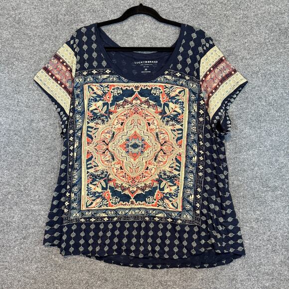 Lucky Brand TShirt Womens 3X XXXL Blue Persian Boho All Over Print Plus Size - Picture 1 of 8